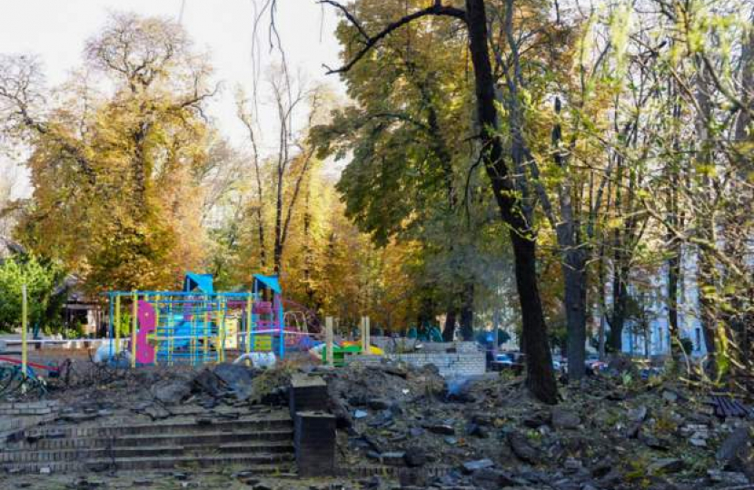 The aftermath of a Russian missile attack on a children's playground in Shevchenko Park, Kyiv 